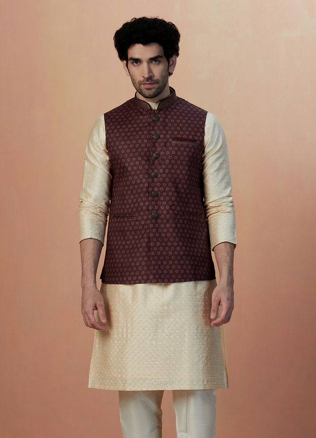 alt message - Manyavar Men Maroon Floral Print Jacket image number 1